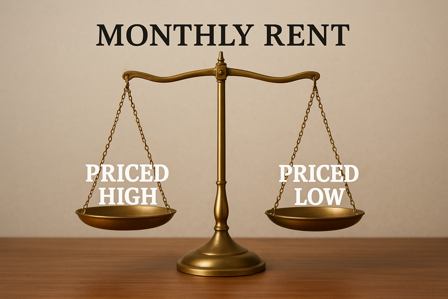 A brass balance scale labeled “Monthly Rent,” with one side reading “Priced High” and the other reading “Priced Low.”
