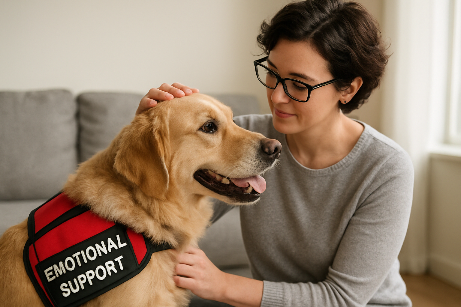 Property manager kneeling down and greeting a golden retriever service dog wearing a red service vest