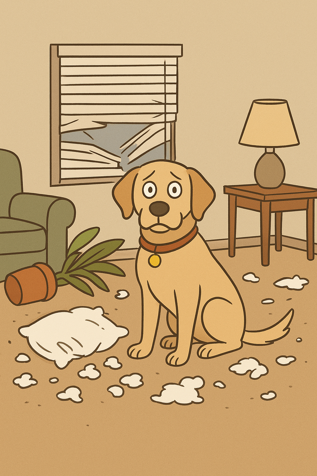 Cartoon dog sitting in a messy living room with shredded pillow stuffing, a knocked-over plant, and broken blinds, looking guilty
