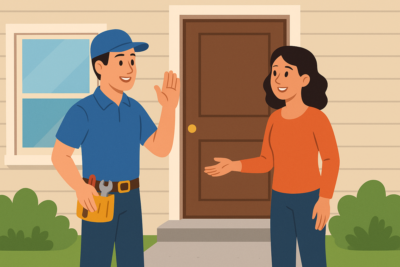 Animated contractor with a toolbelt greeting a homeowner at the front door of a rental property