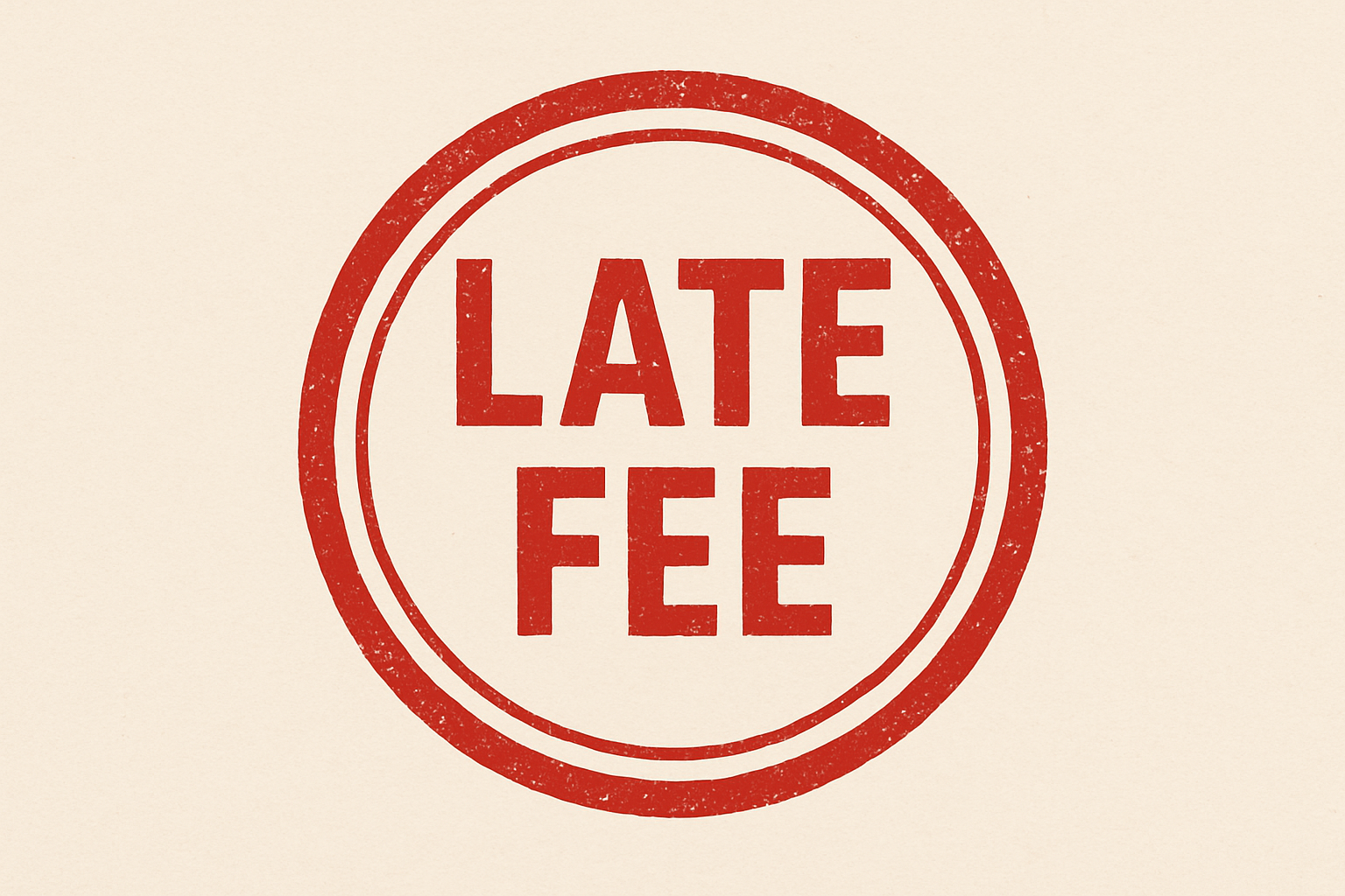 Red circular stamp graphic with the words “Late Fee” in bold letters.