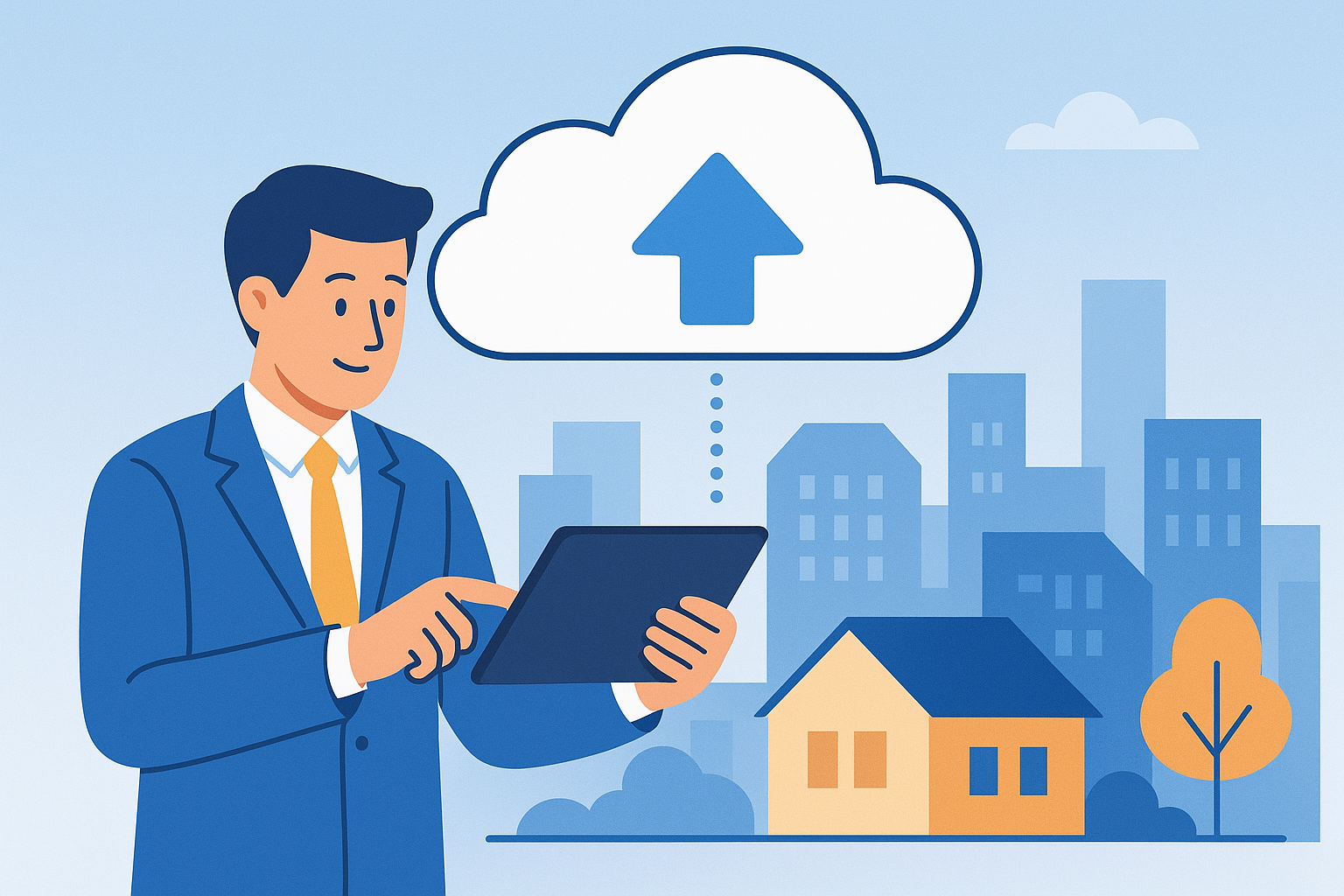 A digital illustration showing cloud-based property management tools on a phone and laptop, representing mobile access to rental inspection data.