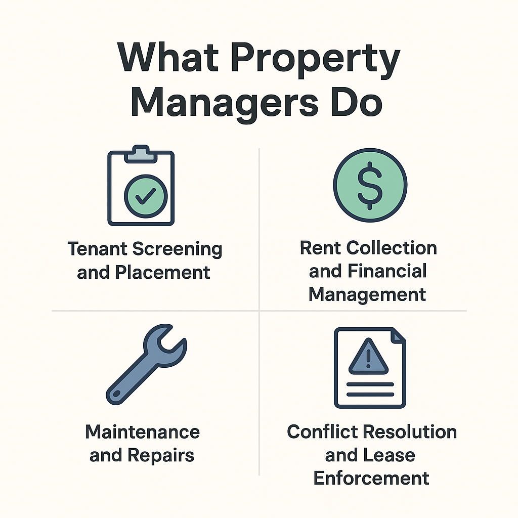 Infographic showing four key property management duties: tenant screening, rent collection, maintenance, and lease enforcement, each represented with simple icons.