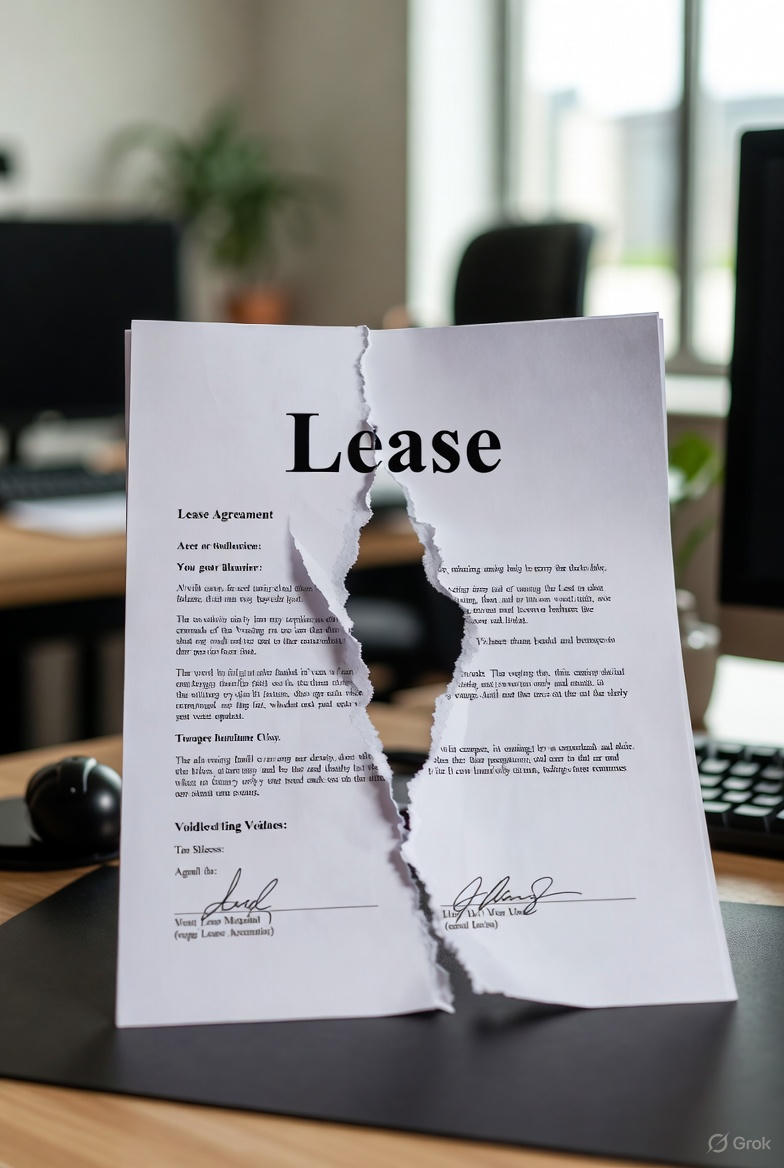 Torn rental lease agreement document ripped in half down the middle, with the word 'Lease' prominently visible, sitting on a desk next to a computer keyboard – symbolizing a tenant breaking their lease early