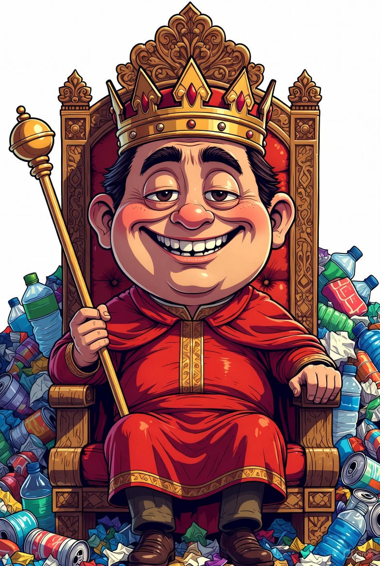 Cartoon illustration of a smug king wearing a crown and royal robe, holding a scepter while sitting on an ornate golden throne piled high with trash, garbage bags, plastic bottles, and junk – humorous depiction of a negligent 'slumlord' landlord