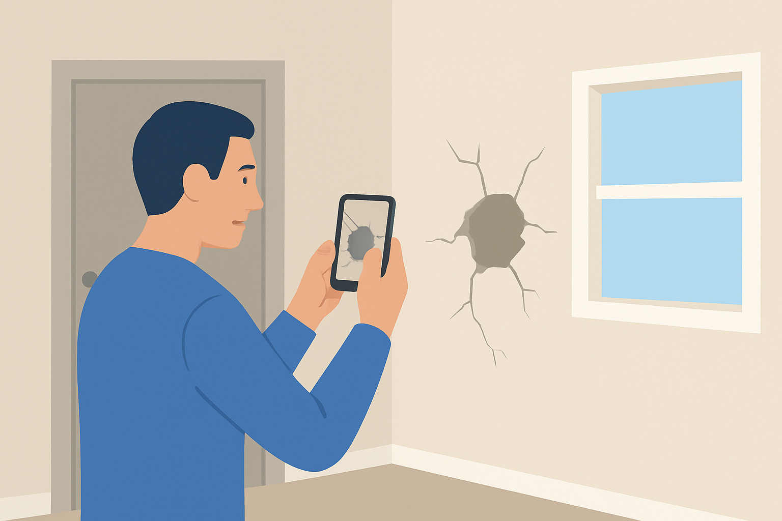 Illustration of a property manager inside a home taking a photo of a damaged wall with a smartphone.