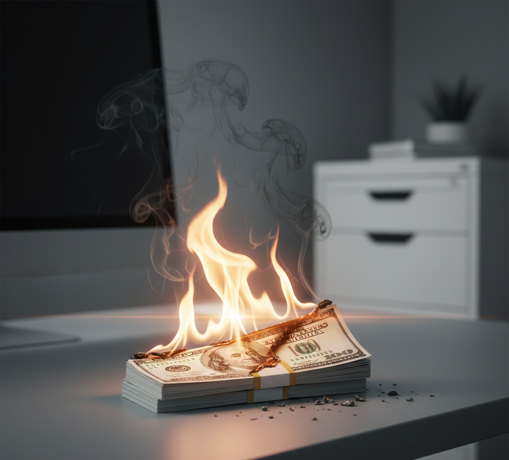 A close-up shot of several one-hundred dollar bills burning with a bright orange flame on a dark wooden desk.