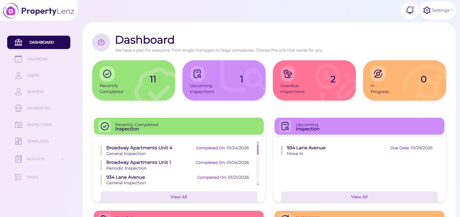 Screen shot of the PropertyLenz online portal dashboard