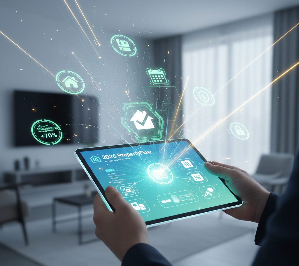 A person holding a tablet displaying a futuristic property management app interface with holographic icons for home inspections, scheduling, and reports.