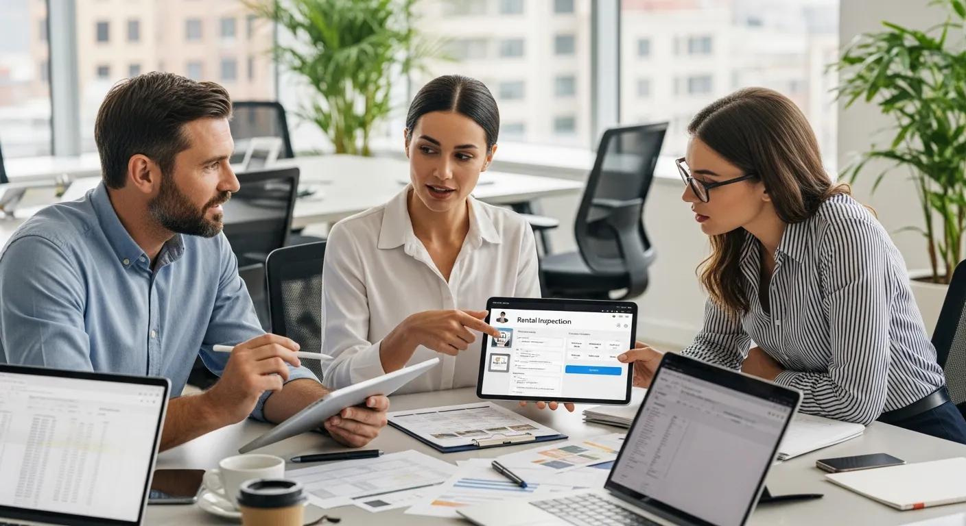 Property managers collaborating while using a rental inspection app in a shared workspace