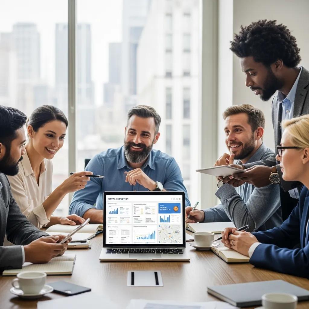 Property managers sharing feedback about a rental inspection app in a meeting